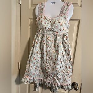 Body Line Light Blue Floral Dress with Pink Lace Accents